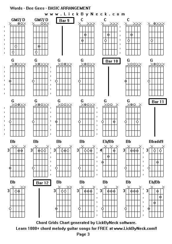 Chord Grids Chart of chord melody fingerstyle guitar song-Words - Bee Gees - BASIC ARRANGEMENT,generated by LickByNeck software.